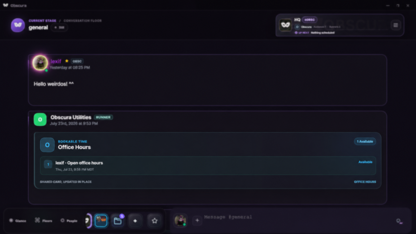 A softly blurred preview of Obscura's refreshed desktop layout, including the Floor header, conversation canvas, Stage Deck, and composer